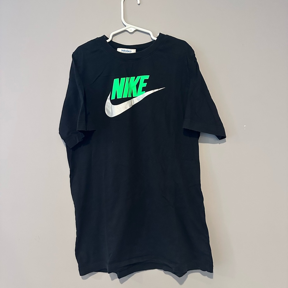 Nike Black Tee w/ Green Lettering & Silver Swoosh Logo
